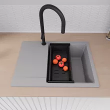 HD Onyx Grey 68-XL egymedencés mosogatótálca szett, matt fekete csepegtetőkosárral, csepegtetőtálcával, alpesi szürke színben, matt fekete leeresztő szifonnal