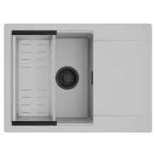 HD Onyx Grey 68-XL egymedencés mosogatótálca szett, acél csepegtetőkosárral, csepegtetőtálcával, alpesi szürke színben, matt fekete leeresztő szifonnal