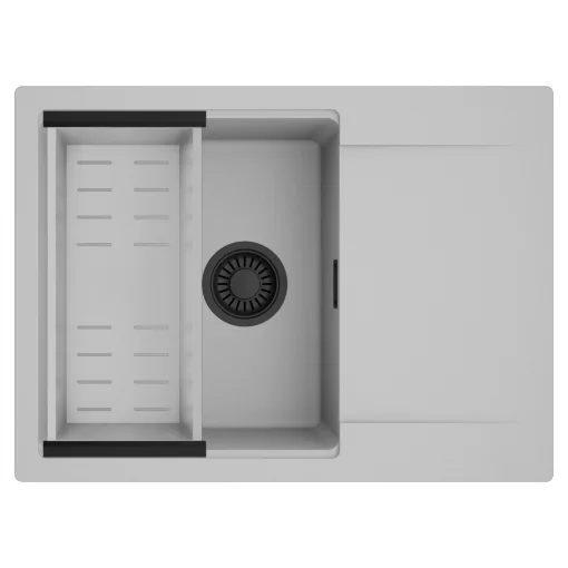 HD Onyx Grey 68-XL egymedencés mosogatótálca szett, acél csepegtetőkosárral, csepegtetőtálcával, alpesi szürke színben, matt fekete leeresztő szifonnal