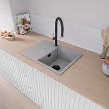 HD Onyx Grey 68-XL egymedencés mosogatótálca, csepegtetőtálcával, alpesi szürke színben, matt fekete leeresztő szifonnal