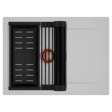 HD Onyx Grey 68-XL egymedencés mosogatótálca szett, matt fekete csepegtetőráccsal és kosárral, csepegtetőtálcával, alpesi szürke színben, szálcsiszolt réz leeresztő szifonnal