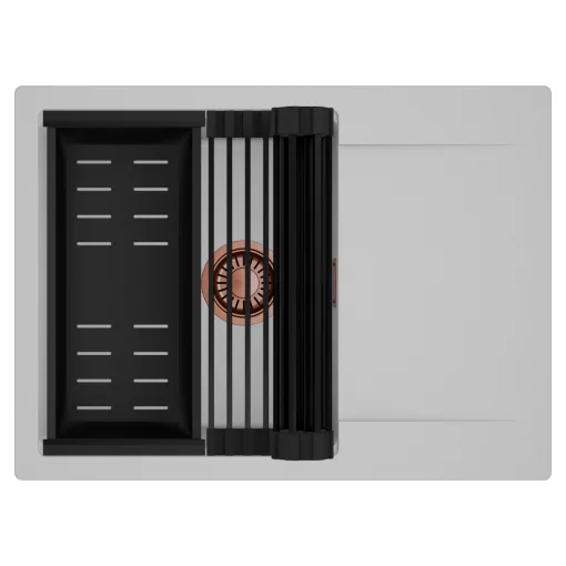 HD Onyx Grey 68-XL egymedencés mosogatótálca szett, matt fekete csepegtetőráccsal és kosárral, csepegtetőtálcával, alpesi szürke színben, szálcsiszolt réz leeresztő szifonnal