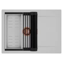 HD Onyx Grey 68-XL egymedencés mosogatótálca szett, matt fekete csepegtetőráccsal és krómozott kosárral, csepegtetőtálcával, alpesi szürke színben, szálcsiszolt réz leeresztő szifonnal