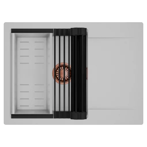 HD Onyx Grey 68-XL egymedencés mosogatótálca szett, matt fekete csepegtetőráccsal és krómozott kosárral, csepegtetőtálcával, alpesi szürke színben, szálcsiszolt réz leeresztő szifonnal