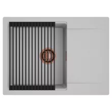 HD Onyx Grey 68-XL egymedencés mosogatótálca szett, matt fekete csepegtetőráccsal, csepegtetőtálcával, alpesi szürke színben, szálcsiszolt réz leeresztő szifonnal