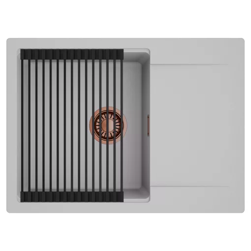 HD Onyx Grey 68-XL egymedencés mosogatótálca szett, matt fekete csepegtetőráccsal, csepegtetőtálcával, alpesi szürke színben, szálcsiszolt réz leeresztő szifonnal