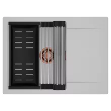 HD Onyx Grey 68-XL egymedencés mosogatótálca szett, acél csepegtetőráccsal és matt fekete kosárral, csepegtetőtálcával, alpesi szürke színben, szálcsiszolt réz leeresztő szifonnal