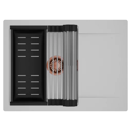 HD Onyx Grey 68-XL egymedencés mosogatótálca szett, acél csepegtetőráccsal és matt fekete kosárral, csepegtetőtálcával, alpesi szürke színben, szálcsiszolt réz leeresztő szifonnal