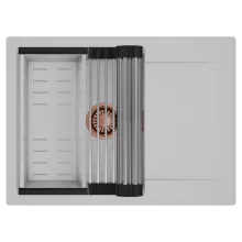 HD Onyx Grey 68-XL egymedencés mosogatótálca szett, acél csepegtetőráccsal és kosárral, csepegtetőtálcával, alpesi szürke színben, szálcsiszolt réz leeresztő szifonnal