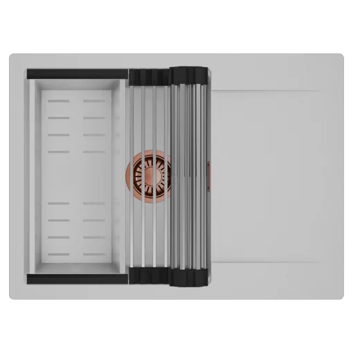 HD Onyx Grey 68-XL egymedencés mosogatótálca szett, acél csepegtetőráccsal és kosárral, csepegtetőtálcával, alpesi szürke színben, szálcsiszolt réz leeresztő szifonnal