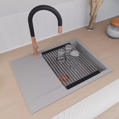 HD Onyx Grey 68-XL egymedencés mosogatótálca szett, acél csepegtetőráccsal és kosárral, csepegtetőtálcával, alpesi szürke színben, szálcsiszolt réz leeresztő szifonnal