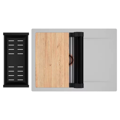 HD Onyx Grey 68-XL egymedencés gránit mosogatótálca szett, csepegtetőtálcával, vágódeszkával, matt fekete csepegtetőráccsal és kosárral, alpesi szürke színben, szálcsiszolt réz leeresztő szifonnal