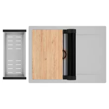 HD Onyx Grey 68-XL egymedencés gránit mosogatótálca szett, csepegtetőtálcával, vágódeszkával, matt fekete csepegtetőráccsal és krómozott kosárral, alpesi szürke színben, szálcsiszolt réz leeresztő szifonnal