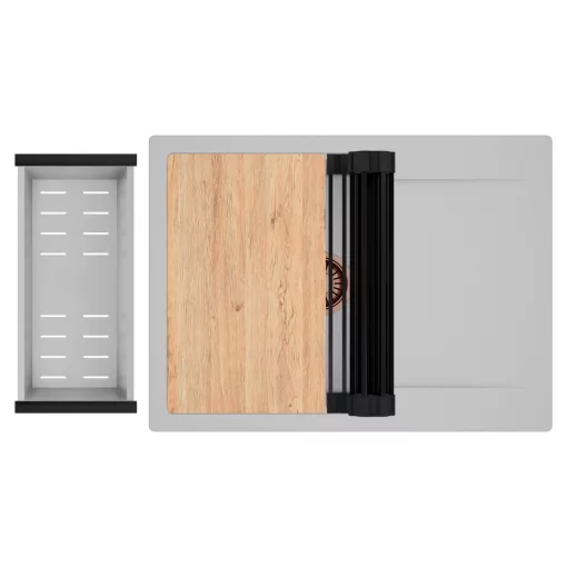 HD Onyx Grey 68-XL egymedencés gránit mosogatótálca szett, csepegtetőtálcával, vágódeszkával, matt fekete csepegtetőráccsal és krómozott kosárral, alpesi szürke színben, szálcsiszolt réz leeresztő szifonnal