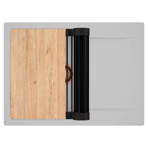 HD Onyx Grey 68-XL egymedencés gránit mosogatótálca szett, csepegtetőtálcával, vágódeszkával, matt fekete csepegtetőráccsal, alpesi szürke színben, szálcsiszolt réz leeresztő szifonnal