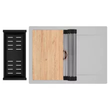 HD Onyx Grey 68-XL egymedencés gránit mosogatótálca szett, csepegtetőtálcával, vágódeszkával, acél csepegtetőráccsal és matt fekete kosárral, alpesi szürke színben, szálcsiszolt réz leeresztő szifonnal