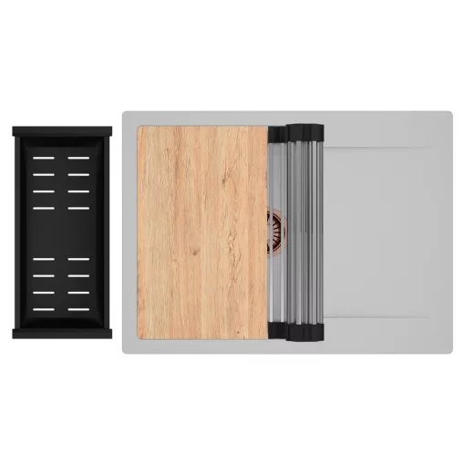 HD Onyx Grey 68-XL egymedencés gránit mosogatótálca szett, csepegtetőtálcával, vágódeszkával, acél csepegtetőráccsal és matt fekete kosárral, alpesi szürke színben, szálcsiszolt réz leeresztő szifonnal