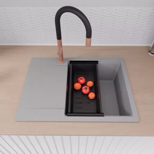 HD Onyx Grey 68-XL egymedencés gránit mosogatótálca szett, csepegtetőtálcával, vágódeszkával, acél csepegtetőráccsal és matt fekete kosárral, alpesi szürke színben, szálcsiszolt réz leeresztő szifonnal