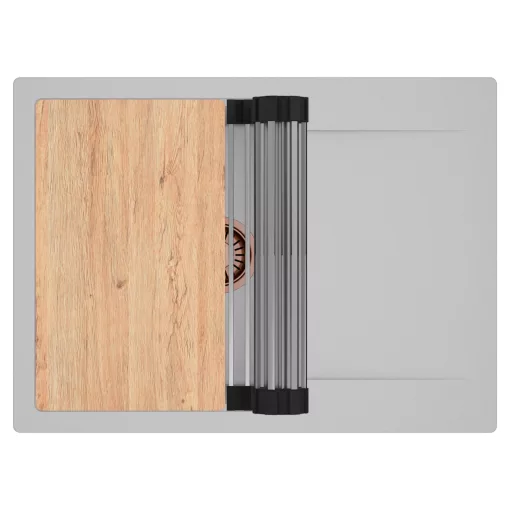 HD Onyx Grey 68-XL egymedencés gránit mosogatótálca szett, csepegtetőtálcával, vágódeszkával, acél csepegtetőráccsal, alpesi szürke színben, szálcsiszolt réz leeresztő szifonnal