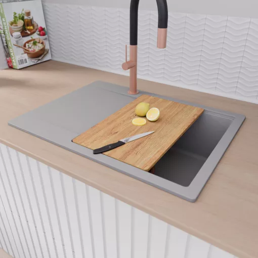 HD Onyx Grey 68-XL egymedencés gránit mosogatótálca szett, csepegtetőtálcával, vágódeszkával, acél csepegtetőráccsal, alpesi szürke színben, szálcsiszolt réz leeresztő szifonnal