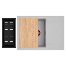 HD Onyx Grey 68-XL egymedencés gránit mosogatótálca szett, csepegtetőtálcával, vágódeszkával, matt fekete csepegtetőkosárral, alpesi szürke színben, szálcsiszolt réz leeresztő szifonnal