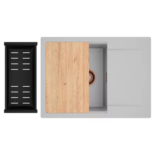 HD Onyx Grey 68-XL egymedencés gránit mosogatótálca szett, csepegtetőtálcával, vágódeszkával, matt fekete csepegtetőkosárral, alpesi szürke színben, szálcsiszolt réz leeresztő szifonnal