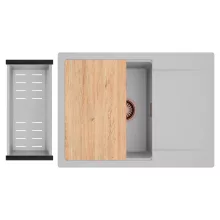 HD Onyx Grey 68-XL egymedencés gránit mosogatótálca szett, csepegtetőtálcával, vágódeszkával, acél csepegtetőkosárral, alpesi szürke színben, szálcsiszolt réz leeresztő szifonnal