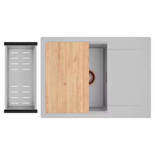HD Onyx Grey 68-XL egymedencés gránit mosogatótálca szett, csepegtetőtálcával, vágódeszkával, acél csepegtetőkosárral, alpesi szürke színben, szálcsiszolt réz leeresztő szifonnal