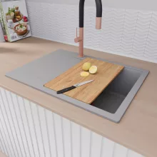 HD Onyx Grey 68-XL egymedencés gránit mosogatótálca szett, csepegtetőtálcával, vágódeszkával, acél csepegtetőkosárral, alpesi szürke színben, szálcsiszolt réz leeresztő szifonnal