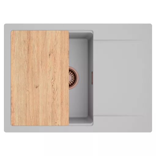 HD Onyx Grey 68-XL egymedencés gránit mosogatótálca, vágódeszkával, alpesi szürke színben, szálcsiszolt réz leeresztő szifonnal