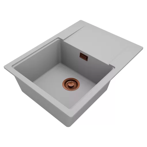 HD Onyx Grey 68-XL egymedencés gránit mosogatótálca, vágódeszkával, alpesi szürke színben, szálcsiszolt réz leeresztő szifonnal