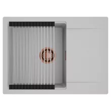 HD Onyx Grey 68-XL egymedencés mosogatótálca szett, acél csepegtetőráccsal, csepegtetőtálcával, alpesi szürke színben, szálcsiszolt réz leeresztő szifonnal