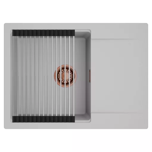 HD Onyx Grey 68-XL egymedencés mosogatótálca szett, acél csepegtetőráccsal, csepegtetőtálcával, alpesi szürke színben, szálcsiszolt réz leeresztő szifonnal