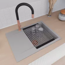 HD Onyx Grey 68-XL egymedencés mosogatótálca szett, acél csepegtetőráccsal, csepegtetőtálcával, alpesi szürke színben, szálcsiszolt réz leeresztő szifonnal