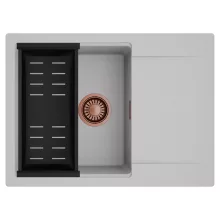 HD Onyx Grey 68-XL egymedencés mosogatótálca szett, matt fekete csepegtetőkosárral, csepegtetőtálcával, alpesi szürke színben, szálcsiszolt réz leeresztő szifonnal