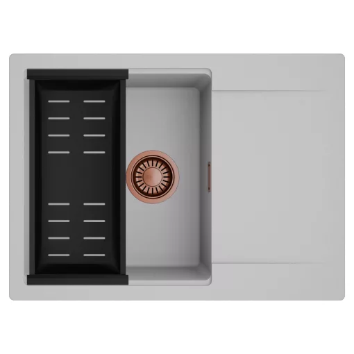HD Onyx Grey 68-XL egymedencés mosogatótálca szett, matt fekete csepegtetőkosárral, csepegtetőtálcával, alpesi szürke színben, szálcsiszolt réz leeresztő szifonnal