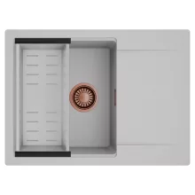 HD Onyx Grey 68-XL egymedencés mosogatótálca szett, acél csepegtetőkosárral, csepegtetőtálcával, alpesi szürke színben, szálcsiszolt réz leeresztő szifonnal