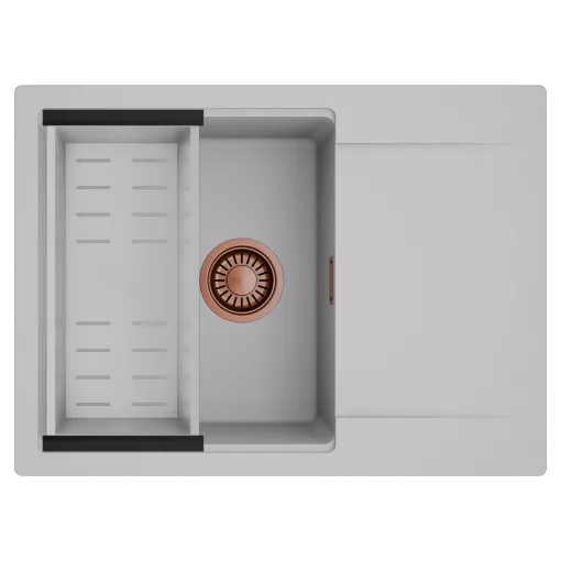HD Onyx Grey 68-XL egymedencés mosogatótálca szett, acél csepegtetőkosárral, csepegtetőtálcával, alpesi szürke színben, szálcsiszolt réz leeresztő szifonnal