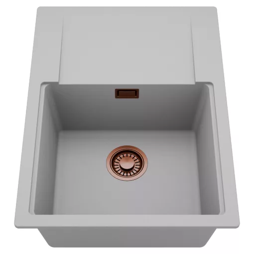 HD Onyx Grey 68-XL egymedencés mosogatótálca, csepegtetőtálcával, alpesi szürke színben, szálcsiszolt réz leeresztő szifonnal