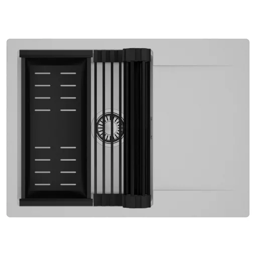 HD Onyx Grey 68-XL egymedencés mosogatótálca szett, matt fekete csepegtetőráccsal és kosárral, csepegtetőtálcával, alpesi szürke színben