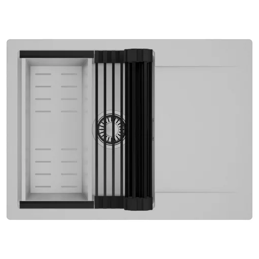 HD Onyx Grey 68-XL egymedencés mosogatótálca szett, matt fekete csepegtetőráccsal és krómozott kosárral, csepegtetőtálcával, alpesi szürke színben