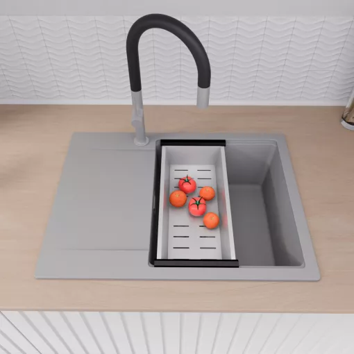 HD Onyx Grey 68-XL egymedencés mosogatótálca szett, matt fekete csepegtetőráccsal és krómozott kosárral, csepegtetőtálcával, alpesi szürke színben