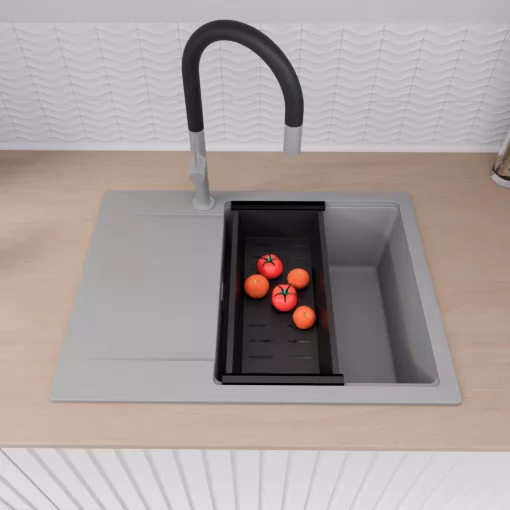 HD Onyx Grey 68-XL egymedencés mosogatótálca szett, acél csepegtetőráccsal és matt fekete kosárral, csepegtetőtálcával, alpesi szürke színben