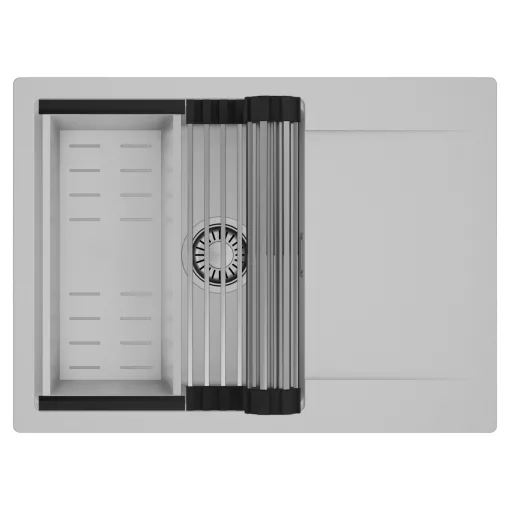 HD Onyx Grey 68-XL egymedencés mosogatótálca szett, acél csepegtetőráccsal és kosárral, csepegtetőtálcával, alpesi szürke színben