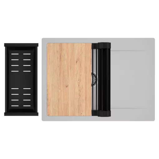 HD Onyx Grey 68-XL egymedencés gránit mosogatótálca szett, csepegtetőtálcával, vágódeszkával, matt fekete csepegtetőráccsal és kosárral, alpesi szürke színben