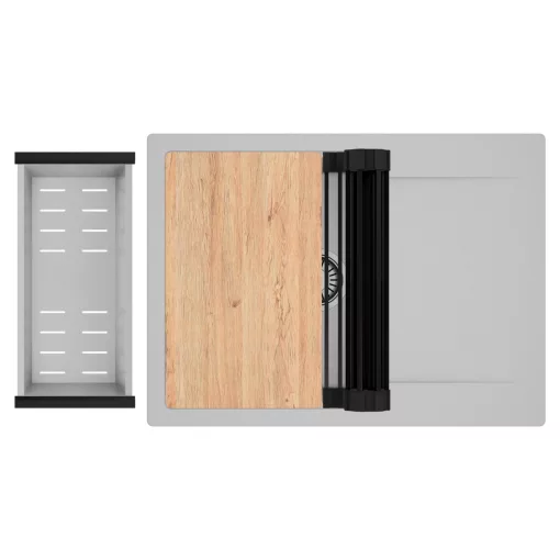 HD Onyx Grey 68-XL egymedencés gránit mosogatótálca szett, csepegtetőtálcával, vágódeszkával, matt fekete csepegtetőráccsal és krómozott kosárral, alpesi szürke színben