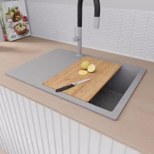 HD Onyx Grey 68-XL egymedencés gránit mosogatótálca szett, csepegtetőtálcával, vágódeszkával, matt fekete csepegtetőráccsal, alpesi szürke színben