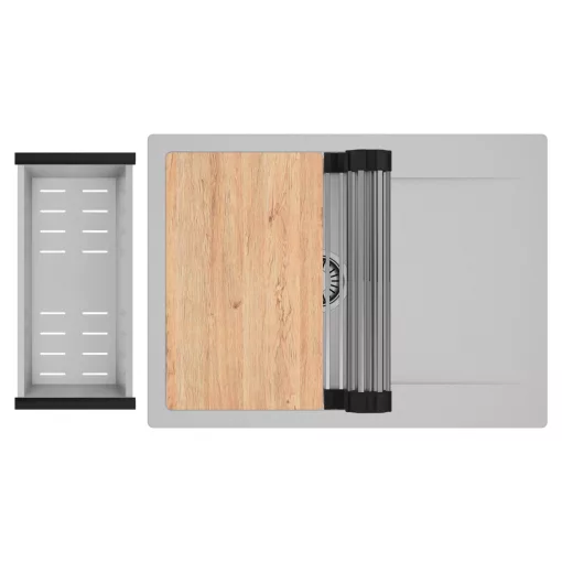 HD Onyx Grey 68-XL egymedencés gránit mosogatótálca szett, csepegtetőtálcával, vágódeszkával, acél csepegtetőráccsal és kosárral, alpesi szürke színben