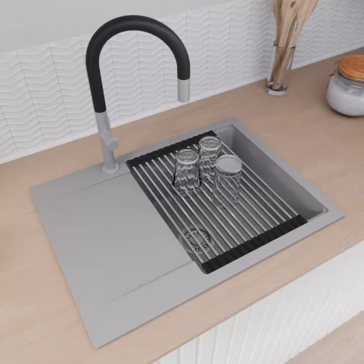 HD Onyx Grey 68-XL egymedencés gránit mosogatótálca szett, csepegtetőtálcával, vágódeszkával, acél csepegtetőráccsal, alpesi szürke színben