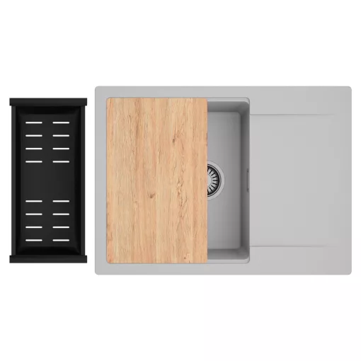 HD Onyx Grey 68-XL egymedencés gránit mosogatótálca szett, csepegtetőtálcával, vágódeszkával, matt fekete csepegtetőkosárral, alpesi szürke színben